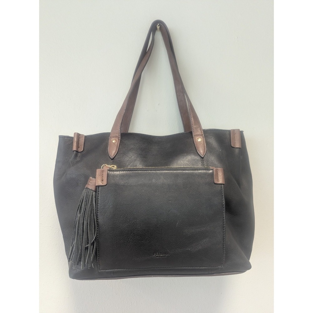 Perlina New York Leather Tote Bag Black Brown Tassel Zip Top Work Shoulder Purse